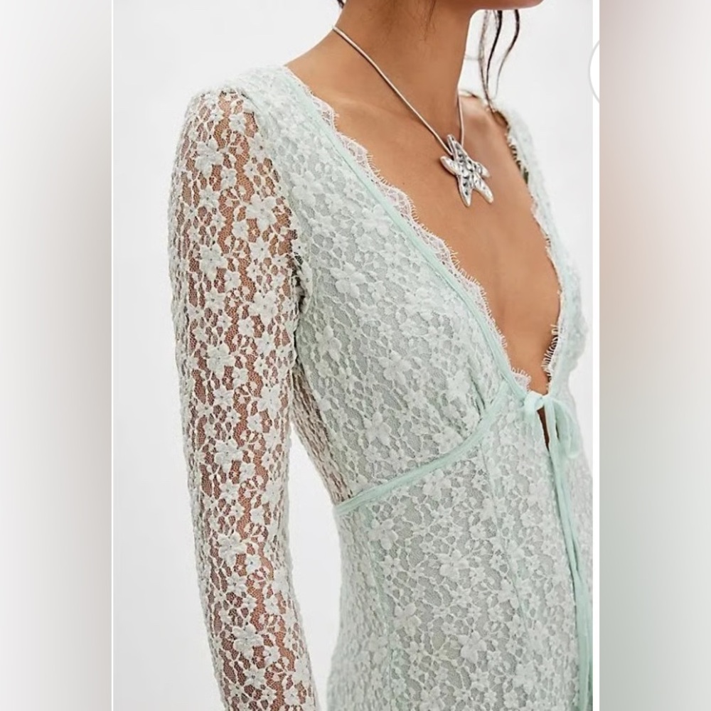NWT Free People Petra Long Sleeve Lace Mini Dress Billowing Sail Mint Green Sz M - Picture 3 of 16